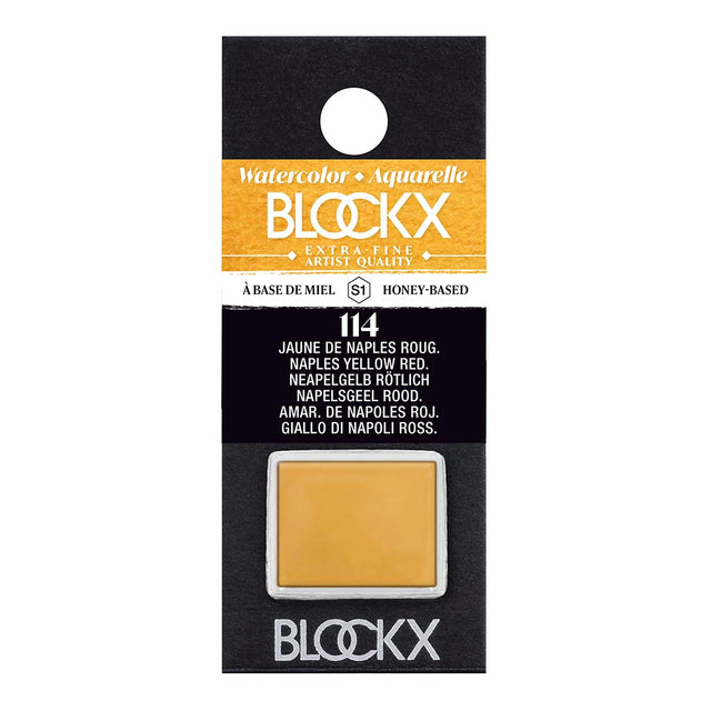 BLOCKX Watercolour Half Pan S1 114 Naples Yellow Reddish, featuring light-resistant pigments and semi-transparent opacity for vibrant art.