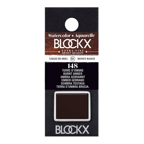 BLOCKX Watercolour Half Pan S1 148 Burnt Umber showcases rich, light-resistant pigment, ideal for vibrant watercolour art.
