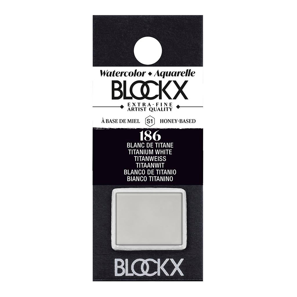 BLOCKX Watercolour Half Pan S1 186 Titanium White, featuring light-resistant titanium white pigment for vibrant highlights.