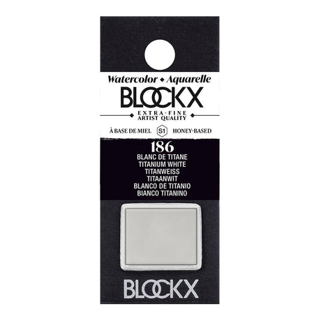 BLOCKX Watercolour Half Pan S1 186 Titanium White, featuring light-resistant titanium white pigment for vibrant highlights.