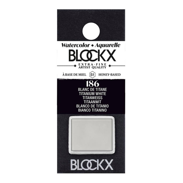 BLOCKX Watercolour Half Pan S1 186 Titanium White, featuring light-resistant titanium white pigment for vibrant highlights.