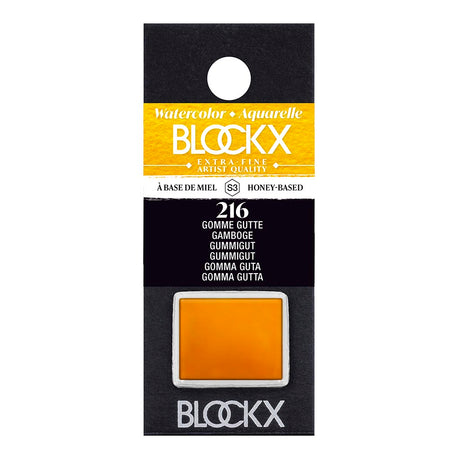 Vibrant BLOCKX Watercolour Half Pan S3 216 Gamboge, handcrafted in Belgium with lightfast, semi-transparent pigment for artists.
