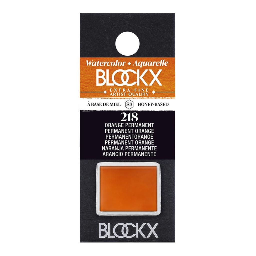Vibrant BLOCKX Watercolour Half Pan S3 218 Permanent Orange, crafted for rich color and lasting brilliance in artwork.