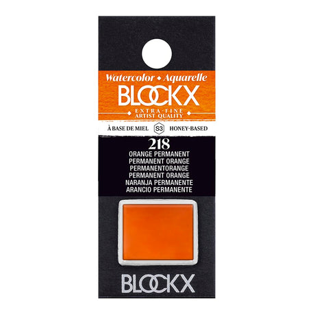 Vibrant BLOCKX Watercolour Half Pan S3 218 Permanent Orange, crafted for rich color and lasting brilliance in artwork.