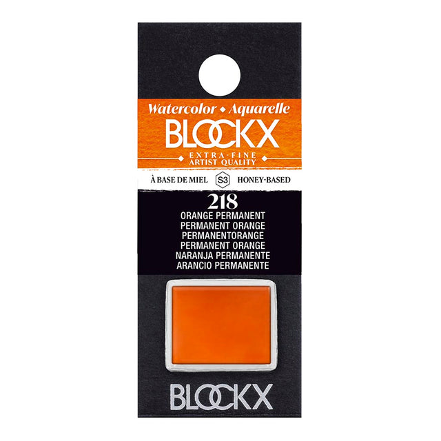 Vibrant BLOCKX Watercolour Half Pan S3 218 Permanent Orange, crafted for rich color and lasting brilliance in artwork.
