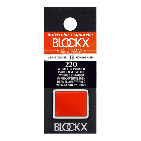 BLOCKX Watercolour Half Pan S3 220 Pyrrolo Vermilion, a vibrant semi-opaque paint in a durable pan, ideal for artists.