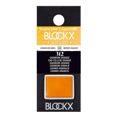 BLOCKX Watercolour Half Pan S3 312 Cadmium Yellow Orange offering vibrant, lightfast pigments for stunning watercolor artworks.