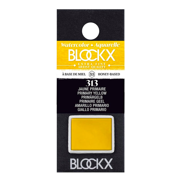 Vibrant BLOCKX Watercolour Half Pan S3 313 Primary Yellow, featuring light-resistant pigments for brilliant and fluid paint application.