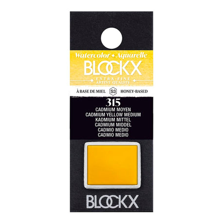 BLOCKX Watercolour Half Pan S3 315 Medium Cadmium Yellow, featuring bright, light-resistant pigments for vibrant, lasting color.