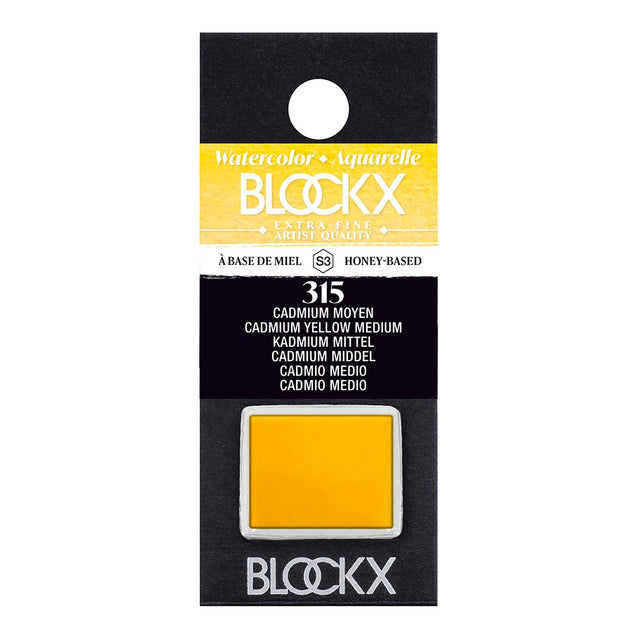 BLOCKX Watercolour Half Pan S3 315 Medium Cadmium Yellow, featuring bright, light-resistant pigments for vibrant, lasting color.