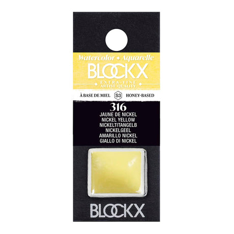 BLOCKX Watercolour Half Pan S3 316 Nickel Yellow, a semi-opaque pigment for vibrant, light-resistant artwork.
