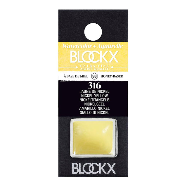 BLOCKX Watercolour Half Pan S3 316 Nickel Yellow, a semi-opaque pigment for vibrant, light-resistant artwork.