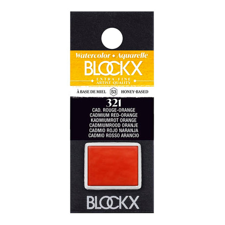 Vibrant BLOCKX Watercolour Half Pan S3 321 Cadmium Red Orange, handmade in Belgium, ideal for professional and hobby artists.