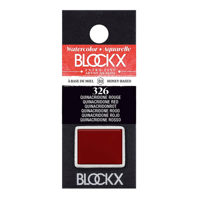 BLOCKX Watercolour Half Pan S3 326 Quinacridone Red; vibrant, transparent red pigment for depth in watercolor art.