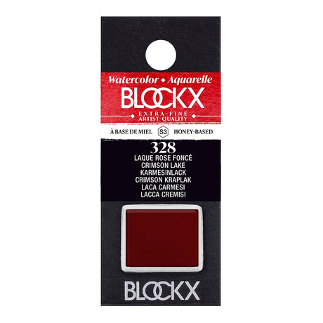 BLOCKX Watercolour Half Pan S3 328 Crimson Lake features brilliant semi-transparent crimson tones, crafted with light-resistant pigments.