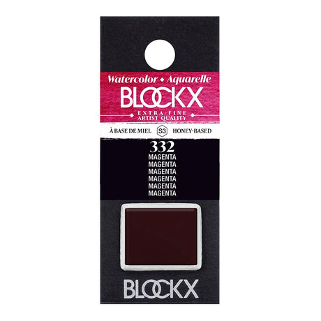 Vibrant BLOCKX Watercolour Half Pan S3 332 Magenta, featuring light-resistant PV19 pigment for stunning watercolour effects.