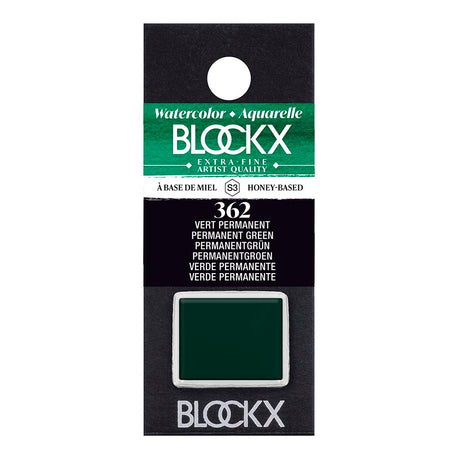 BLOCKX Watercolour Half Pan S3 362 Permanent Green, a handmade Belgian pigment known for its lightfast brilliance and vibrant transparency.
