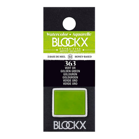 BLOCKX Watercolour Half Pan S3 363 Golden Green, vibrant, light-resistant, and finely ground for rich, luminous artwork.
