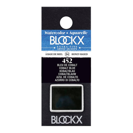 Cobalt Blue watercolour half pan by BLOCKX, featuring brilliant, transparent pigment known for its luminosity and durability.
