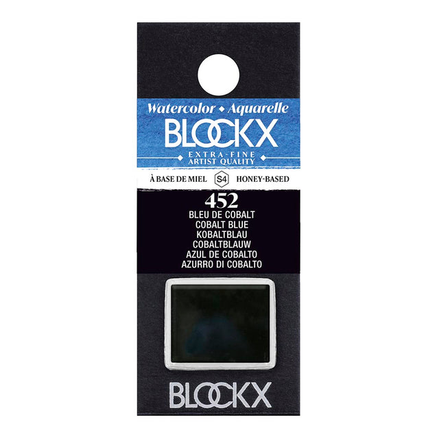 Cobalt Blue watercolour half pan by BLOCKX, featuring brilliant, transparent pigment known for its luminosity and durability.