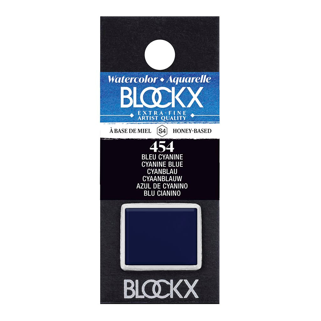 Rich Cyanine Blue watercolour half pan by BLOCKX, crafted in Belgium, featuring light-resistant pigments and honey for brilliance.