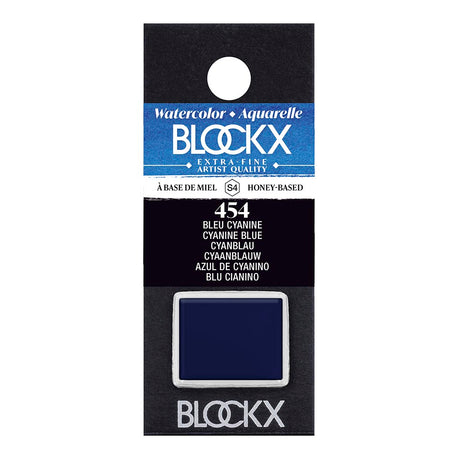 Rich Cyanine Blue watercolour half pan by BLOCKX, crafted in Belgium, featuring light-resistant pigments and honey for brilliance.