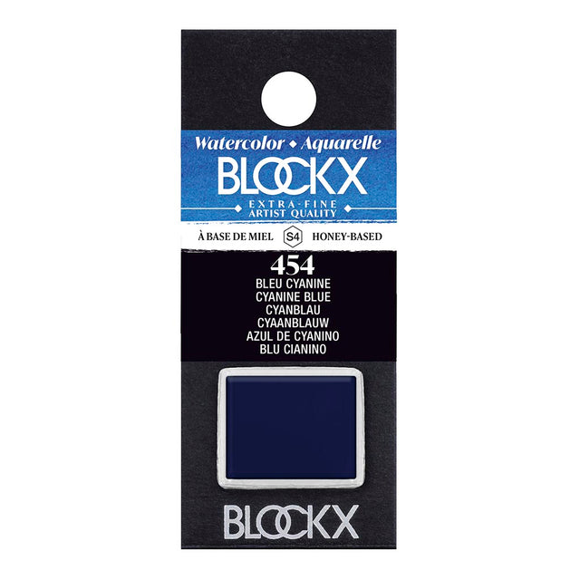 Rich Cyanine Blue watercolour half pan by BLOCKX, crafted in Belgium, featuring light-resistant pigments and honey for brilliance.