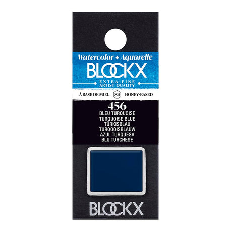 Vibrant BLOCKX Watercolour Half Pan S4 456 Turquoise Blue, handmade in Belgium, featuring light-resistant, semi-opaque pigments.