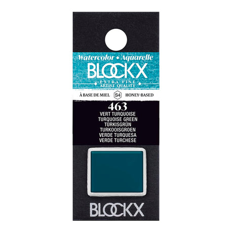 Vibrant BLOCKX Watercolour Half Pan S4 463 Turquoise Green, known for its clarity, luminosity, and fine, light-resistant pigments.