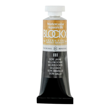 BLOCKX 15ml Yellow Ochre watercolor tube featuring rare, light-resistant pigments for vibrant, durable artistic creations.