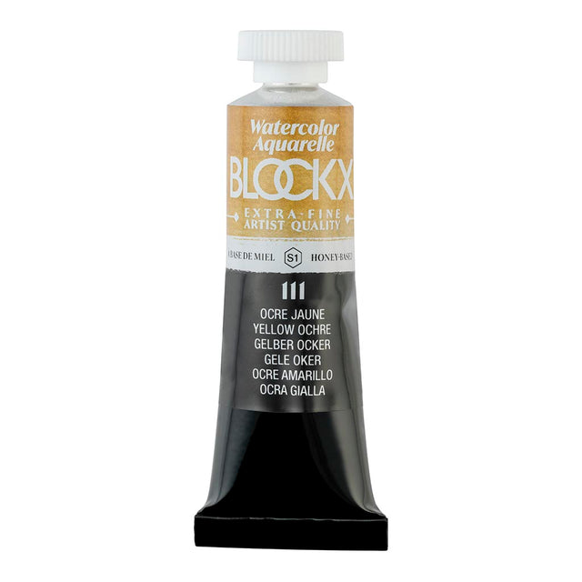 BLOCKX 15ml Yellow Ochre watercolor tube featuring rare, light-resistant pigments for vibrant, durable artistic creations.
