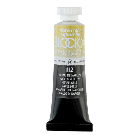 BLOCKX 15ml watercolour tube in Naples Yellow, showcasing vibrant, light-resistant pigments for brilliant watercolor artistry.
