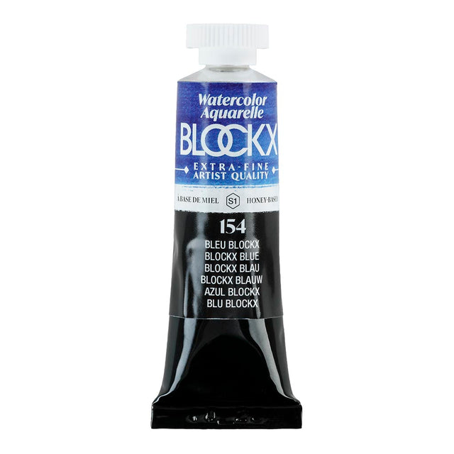 15ml tube of BLOCKX Blue watercolour paint, featuring light-resistant pigments and a rich, vibrant hue for artists.
