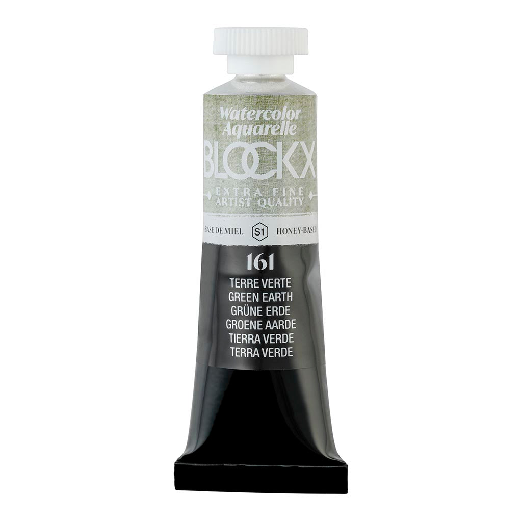BLOCKX 15ml Watercolour Tube in S1 161 Green Earth, featuring rich, light-resistant pigments for vibrant, earthy artworks.