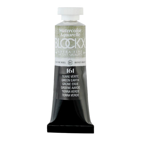 BLOCKX 15ml Watercolour Tube in S1 161 Green Earth, featuring rich, light-resistant pigments for vibrant, earthy artworks.