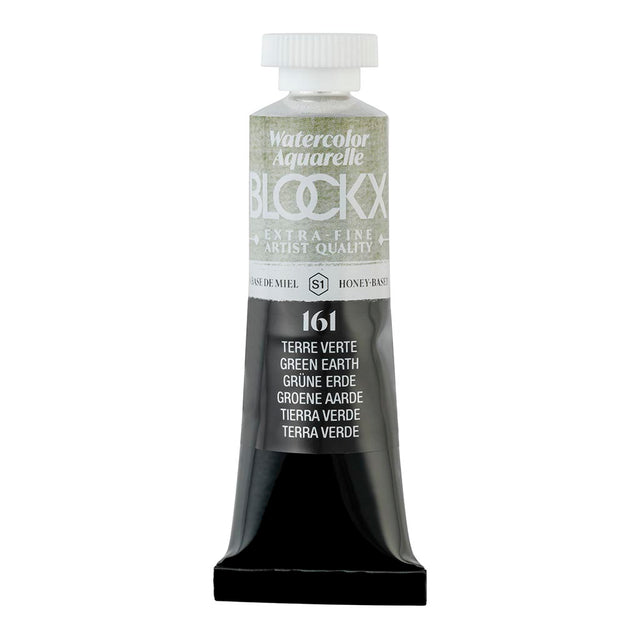 BLOCKX 15ml Watercolour Tube in S1 161 Green Earth, featuring rich, light-resistant pigments for vibrant, earthy artworks.
