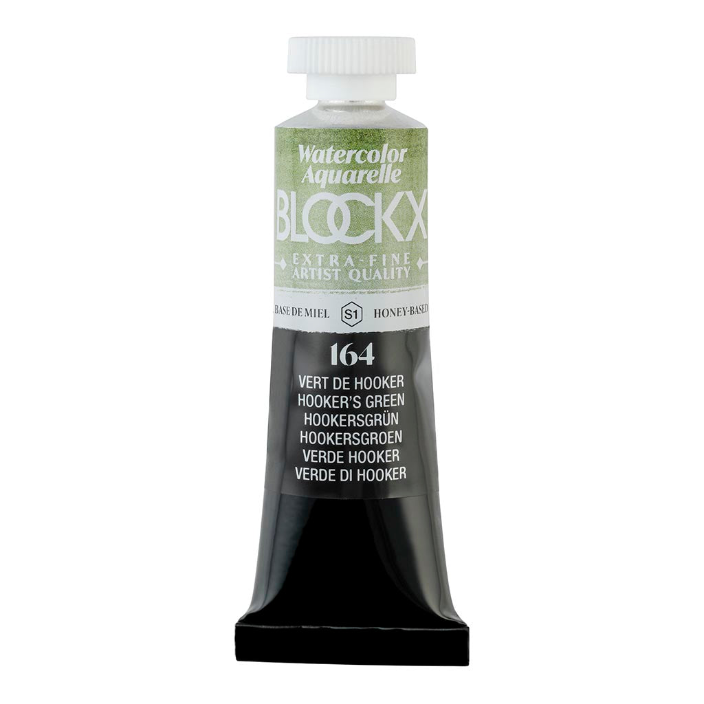 BLOCKX 15ml watercolour tube in Hookers Green, featuring rare light-resistant pigments for vibrant and long-lasting art.