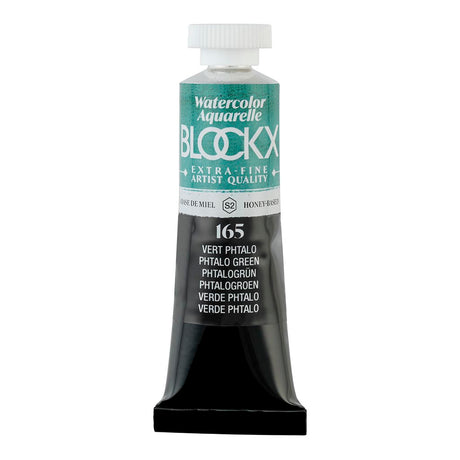 BLOCKX 15ml watercolour tube in Phtalo Green, featuring light-resistant pigments and smooth application for vibrant watercolor art.