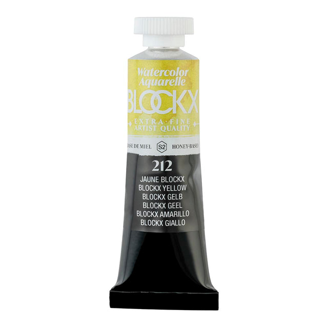 BLOCKX Watercolour Tube 15ml in vibrant yellow, featuring light-resistant pigments for superior brilliance and luminosity.