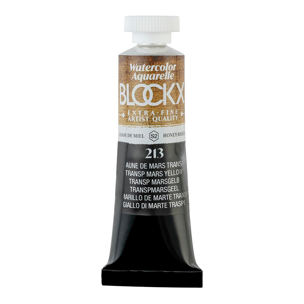 BLOCKX 15ml watercolour tube featuring Transparent Mars Yellow, known for its light-resistance and vibrant color brilliance.