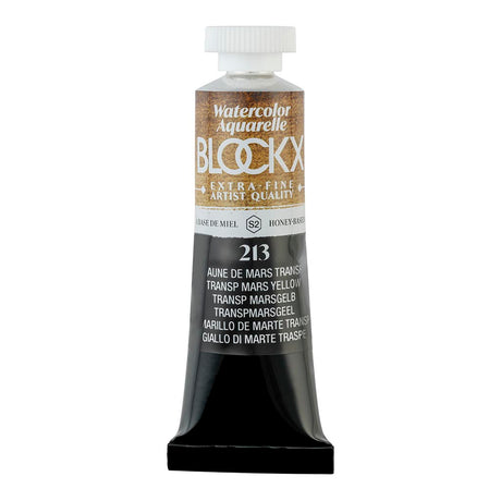 BLOCKX 15ml watercolour tube featuring Transparent Mars Yellow, known for its light-resistance and vibrant color brilliance.