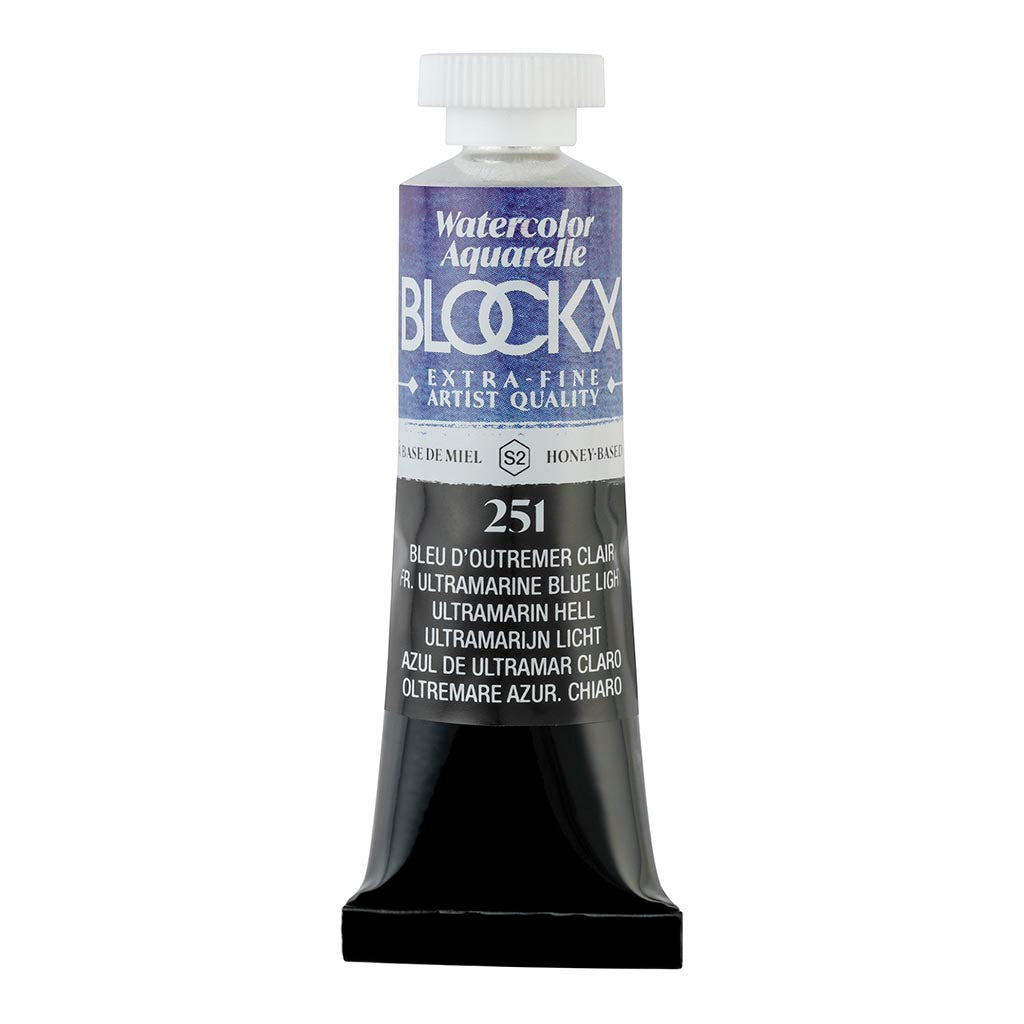 BLOCKX 15ml watercolour tube in Light Ultramarine Blue, featuring high-quality, light-resistant pigments for vibrant artwork.