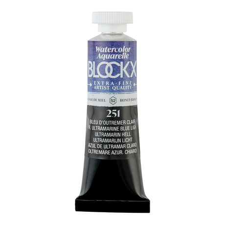 BLOCKX 15ml watercolour tube in Light Ultramarine Blue, featuring high-quality, light-resistant pigments for vibrant artwork.