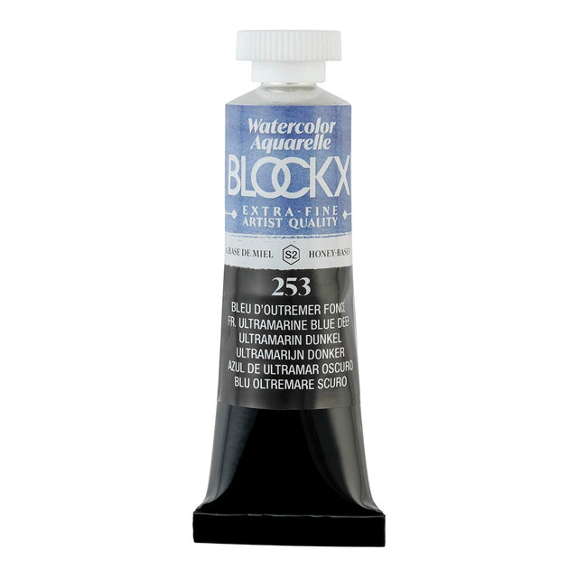 Vibrant 15ml BLOCKX Deep Ultramarine Blue watercolor tube, perfect for rich colors and smooth application in art.