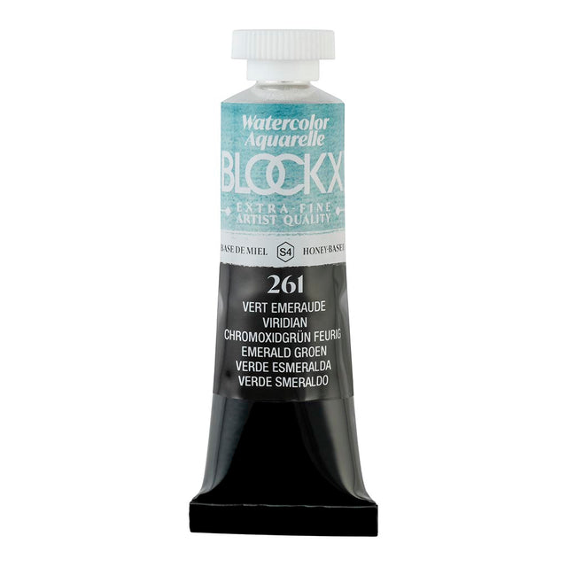 BLOCKX 15ml Watercolour Tube in Viridian, featuring light-resistant pigments for vibrant, transparent layering and mixing.