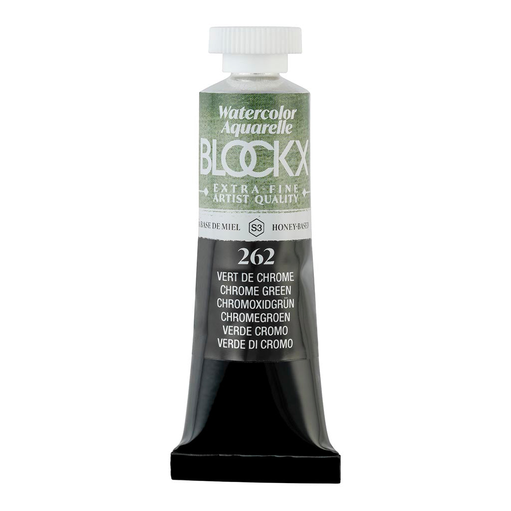 Vibrant 15ml BLOCKX Chrome Green watercolour tube, featuring durable, opaque light-resistant pigment for artists.