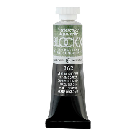 Vibrant 15ml BLOCKX Chrome Green watercolour tube, featuring durable, opaque light-resistant pigment for artists.