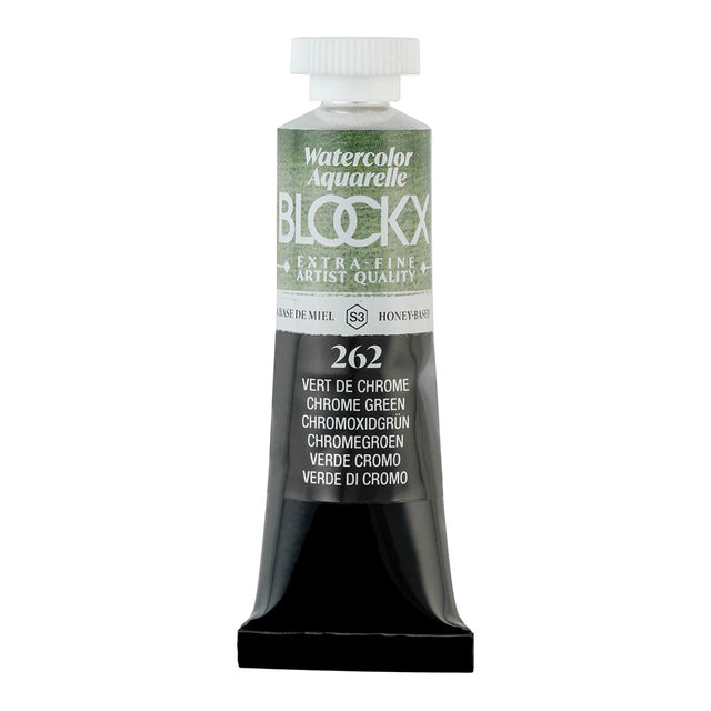 Vibrant 15ml BLOCKX Chrome Green watercolour tube, featuring durable, opaque light-resistant pigment for artists.