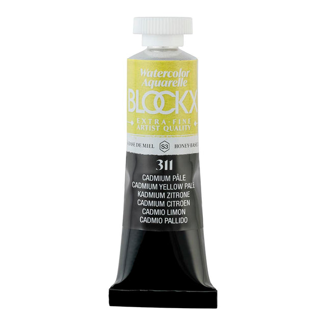 Vibrant 15ml BLOCKX Pale Cadmium Yellow watercolour tube, light-resistant with brilliant luminosity, ideal for artists.