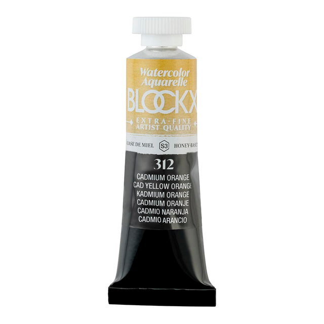 BLOCKX 15ml Cadmium Yellow Orange watercolor tube, featuring vibrant, lightfast pigments for brilliant and opaque art creations.